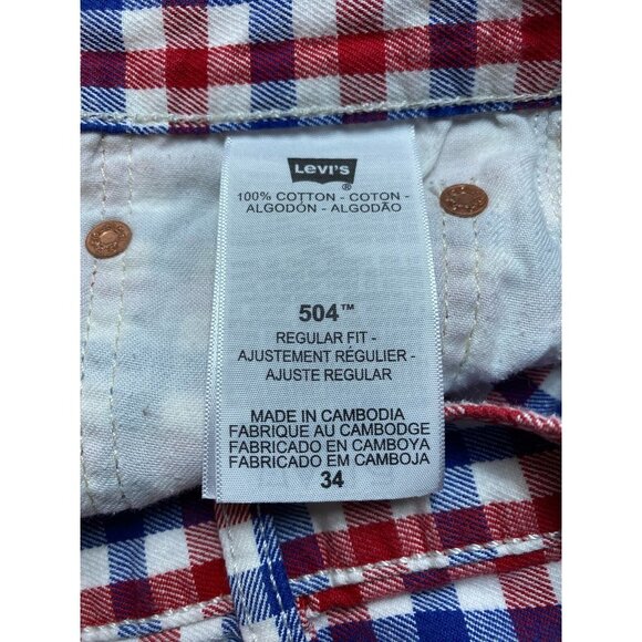Levi's 504 shorts men's size 34 red white blue gingham flat front chino - Picture 6 of 8